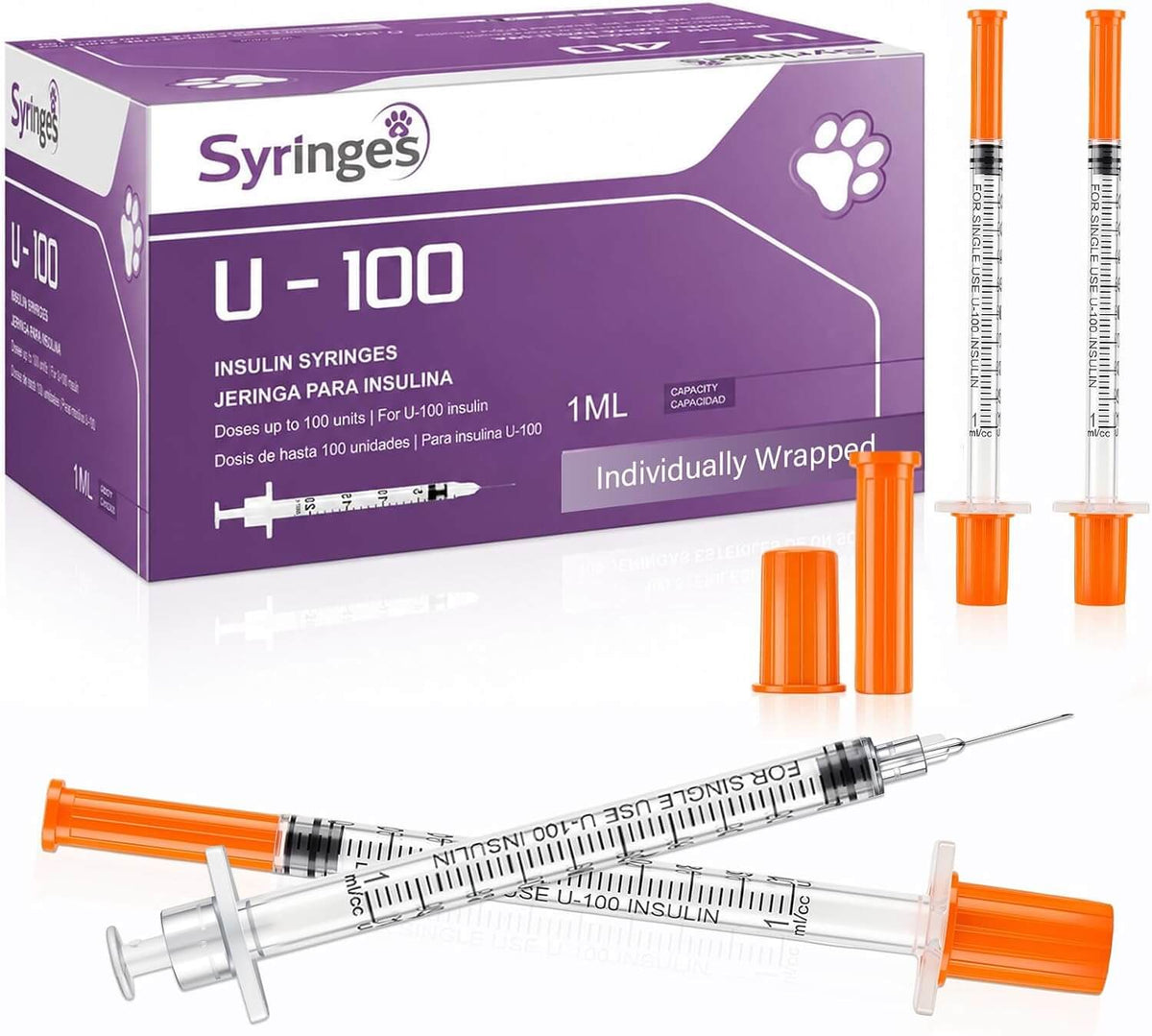 100 Pack U-100 for Pet，1ml/cc，28G 1/2"(13mm)，Individually Wrapped