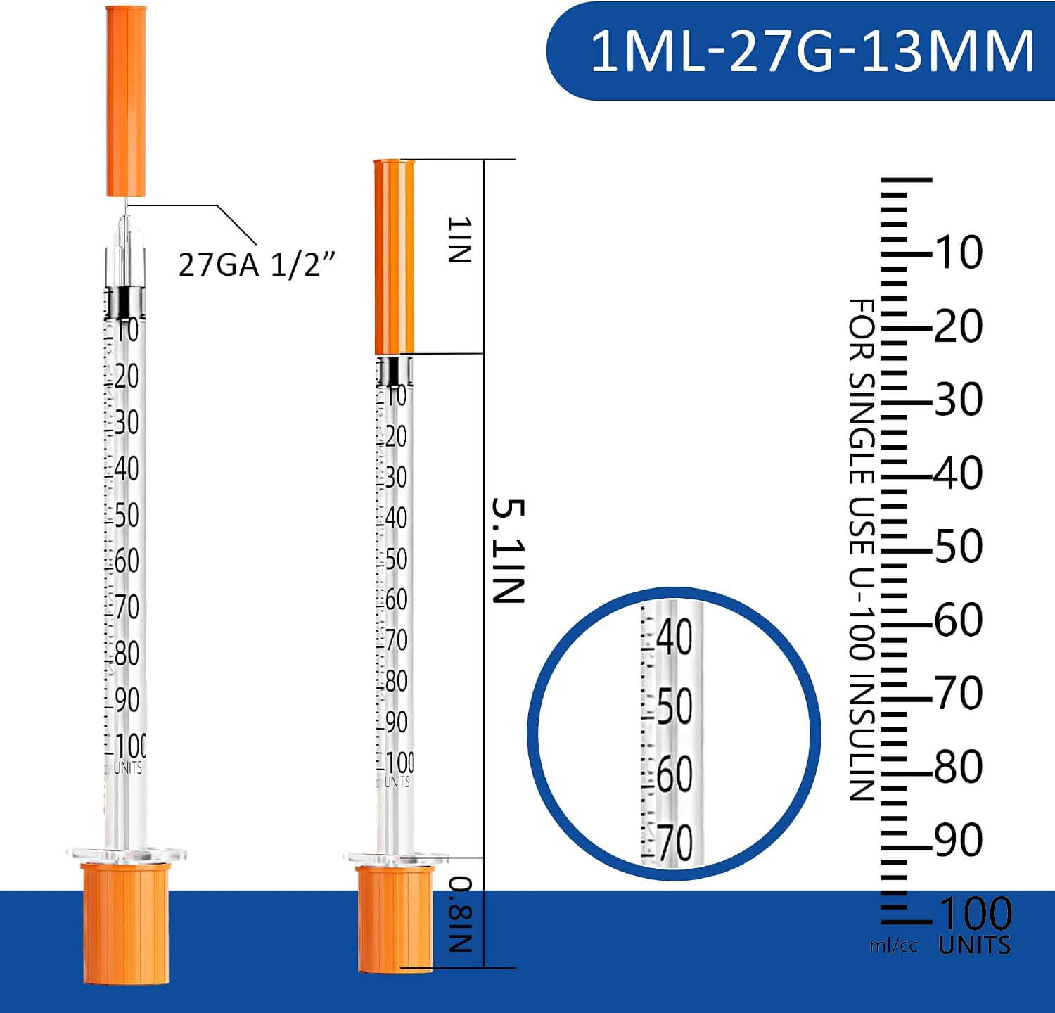 U-100 1ml/cc Syringes 27 Guage 0.5 Inch 13mm，Disposable Syringe for Lab Dispensing Supplies，Individually Wrapped，Pack of 20 Secondary image