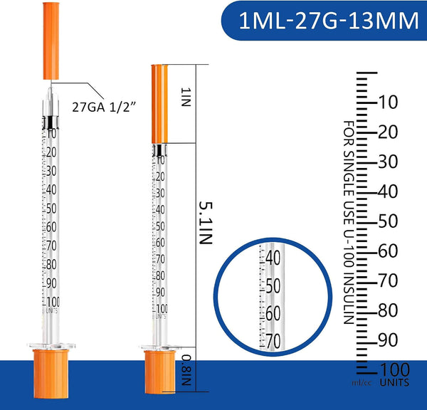 U-100 1ml/cc Syringes 27 Guage 0.5 Inch 13mm，Disposable Syringe for Lab Dispensing Supplies，Individually Wrapped，Pack of 20