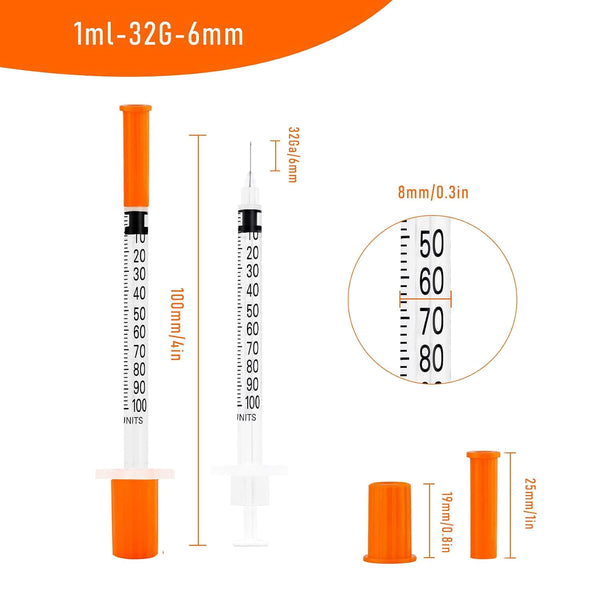 1cc Syringes with 32G 1/4 Inch-6mm U-100