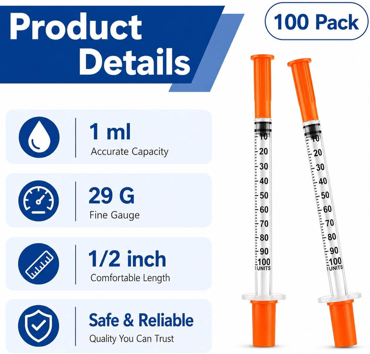 100Pack 1 ml Syringes， 29G x 1/2’’ (13mm)，Individually Wrapped Secondary image