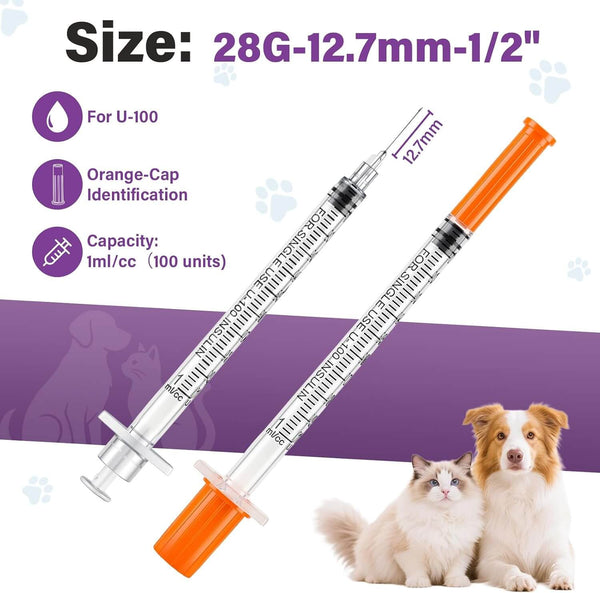 100 Pack U-100 for Pet，1ml/cc，28G 1/2"(13mm)，Individually Wrapped