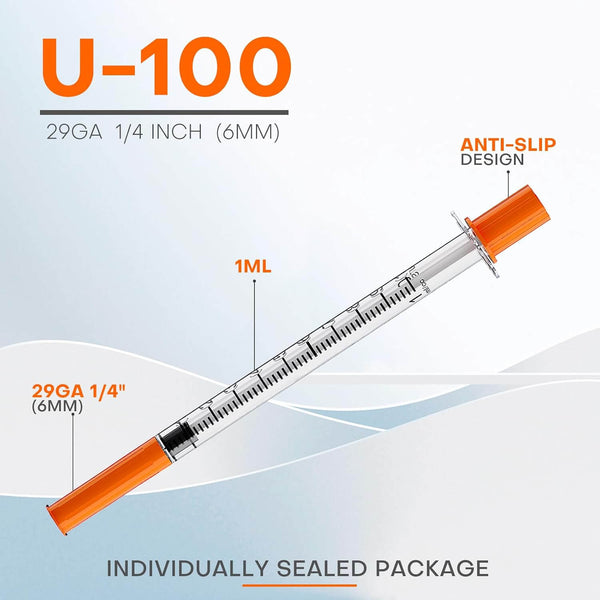 U-100 1mL/cc 29G 1/4" (6mm) Lab Syringes，Individually Wrapped，Pack of 100