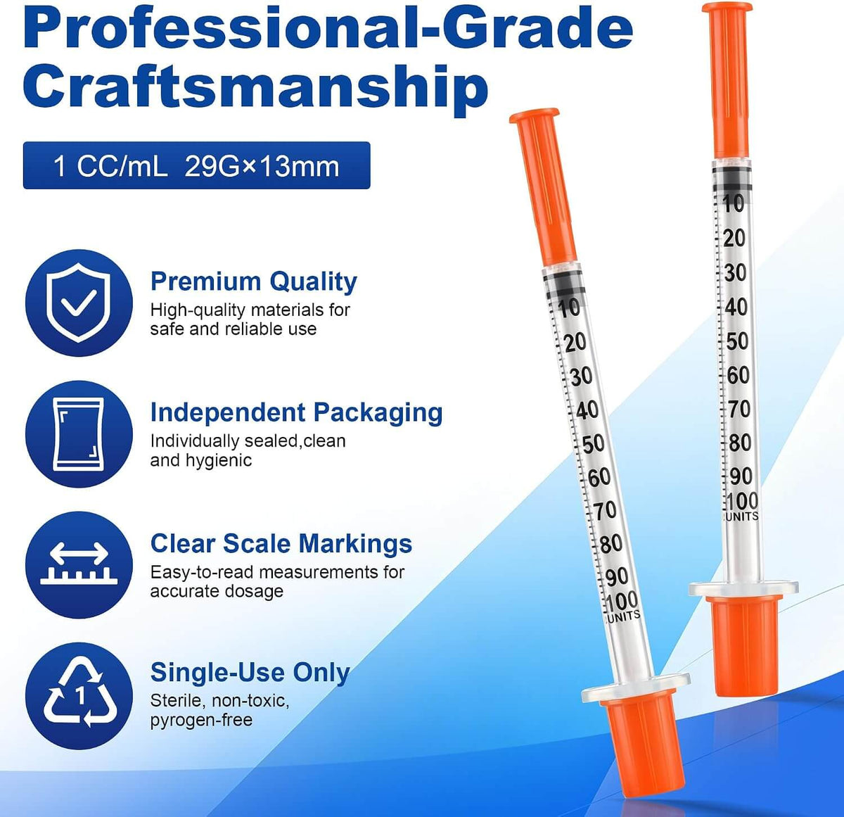 100Pack 1 ml Syringes， 29G x 1/2’’ (13mm)，Individually Wrapped