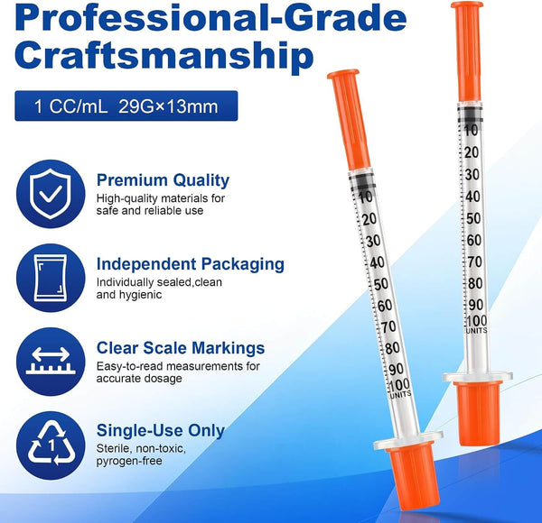 100Pack 1 ml Syringes， 29G x 1/2’’ (13mm)，Individually Wrapped