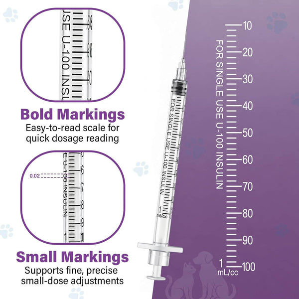 100 Pack U-100 for Pet，1ml/cc，28G 1/2"(13mm)，Individually Wrapped