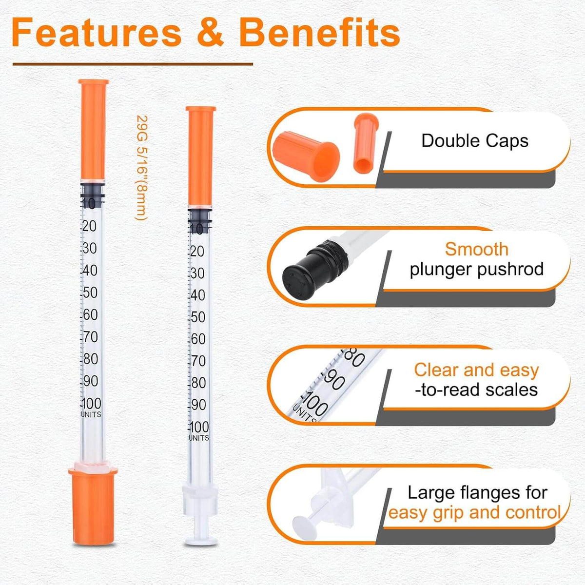 U-100 1ml Syringe 29 Gauge 5/16 Inch(8mm)， 1cc Lab Supplies， Individually Sealed