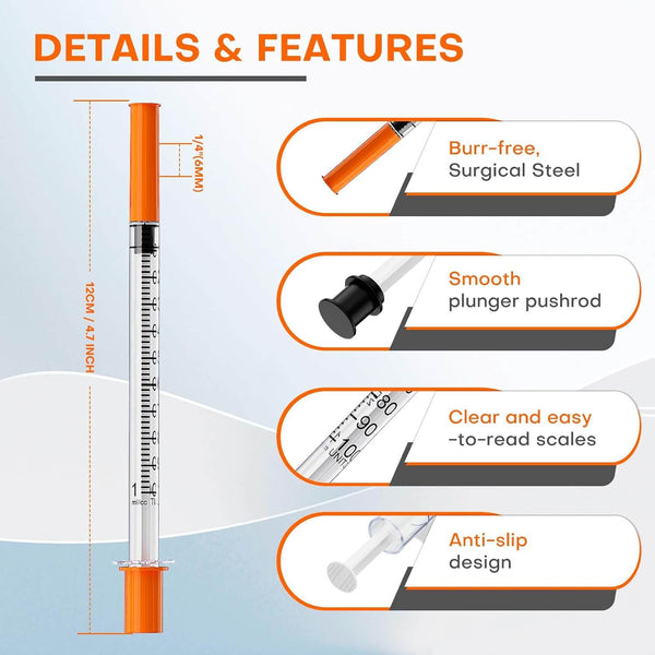U-100 1mL/cc 29G 1/4" (6mm) Lab Syringes，Individually Wrapped，Pack of 100