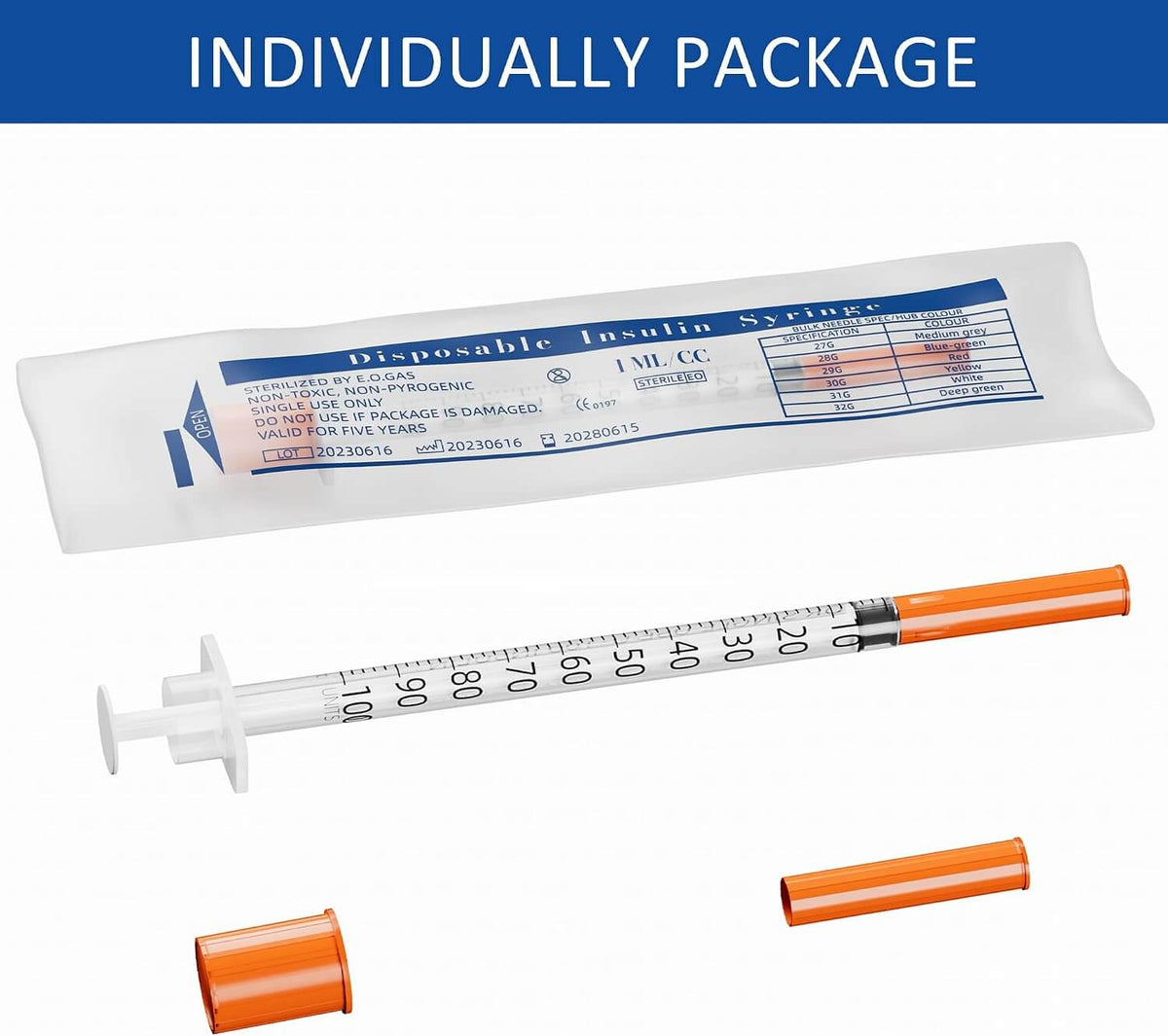 U-100 1ml/cc Syringes 27 Guage 0.5 Inch 13mm，Disposable Syringe for Lab Dispensing Supplies，Individually Wrapped，Pack of 20