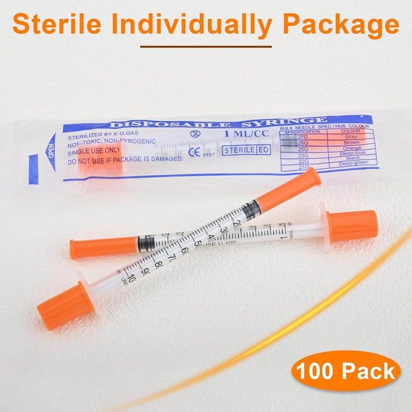 U-100 1ml Syringe 29 Gauge 5/16 Inch(8mm)， 1cc Lab Supplies， Individually Sealed