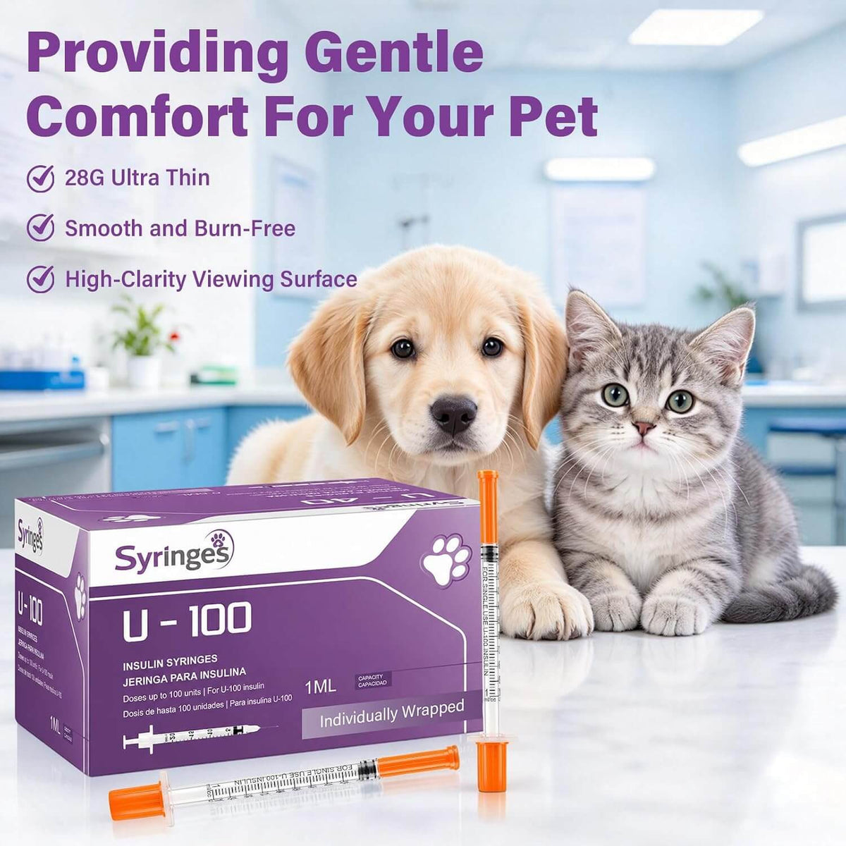 100 Pack U-100 for Pet，1ml/cc，28G 1/2"(13mm)，Individually Wrapped