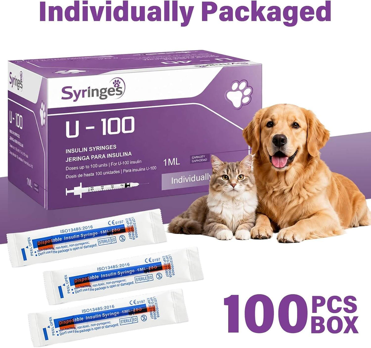 100 Pack U-100 for Pet，1ml/cc，28G 1/2"(13mm)，Individually Wrapped